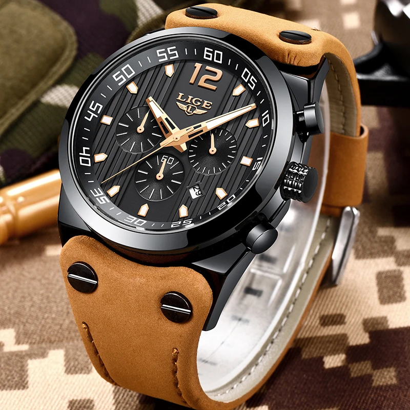 LIGE 9890 Chronograph Leather Luxury Waterproof Sport Wristwatch